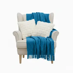 SOGA 3PC Cozy Set – Royal Blue Diamond Knit Throw Blanket with 2 Cream Pom-Pom Grid Pillow Covers