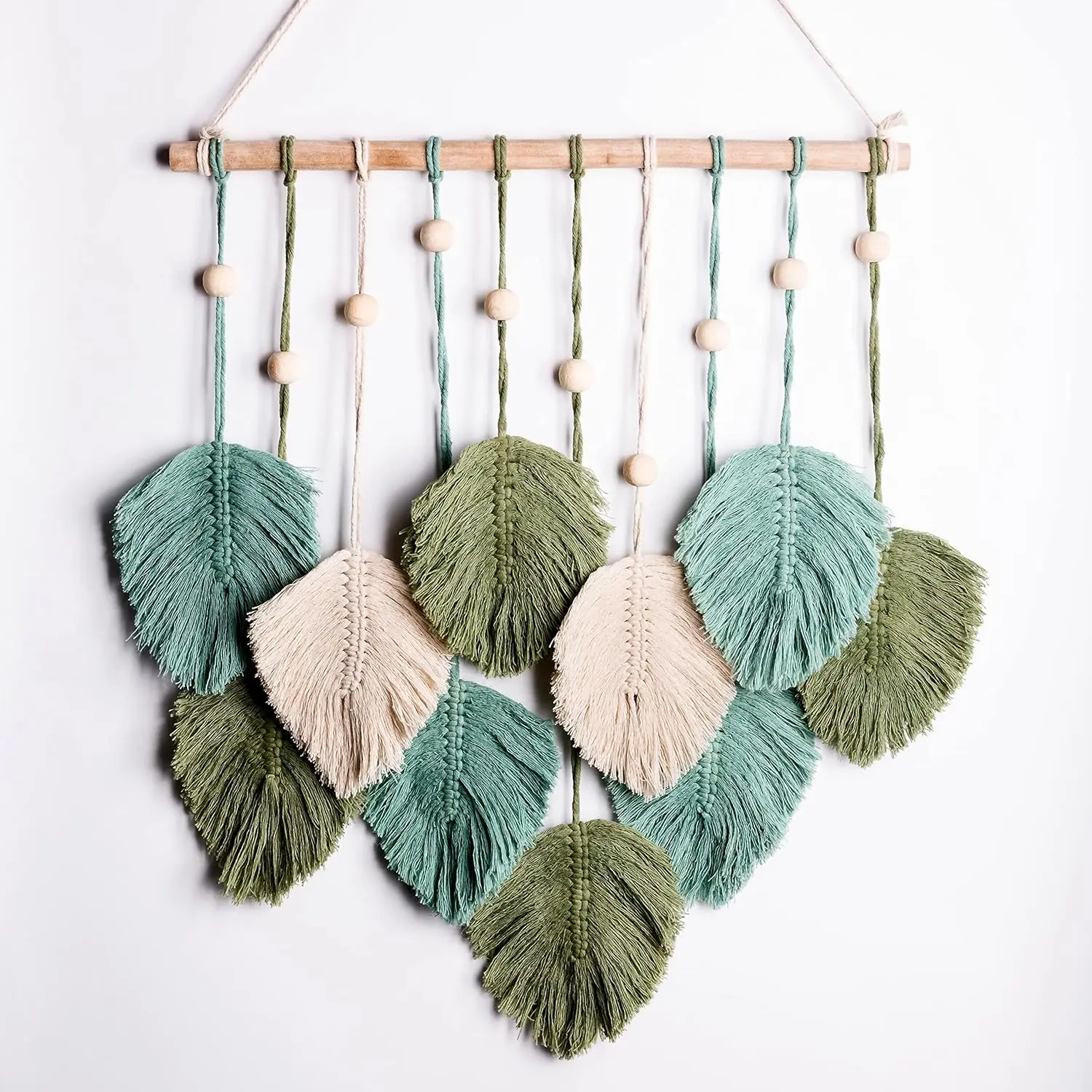 Macrame Wall Hanging Leaves - Large Chic Feather Boho Decor, Handmade Yarn Woven Art Leaf Tapestry for Nursery, Bedroom, Living Room, 17 X 22 Inch (Green, Sage Green & Beige)