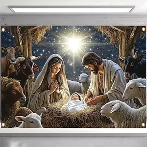 Vibrant Nativity Scene Backdrop with Sheepfold Design - Large-Scale Starry Night Manger with Mary, Joseph, Jesus, Shepherds & Sheep - Indoor/Outdoor Christmas & Easter Wall Decorations, Durable All-Weather Party Decor for Church Events, Home, Garden - Eas