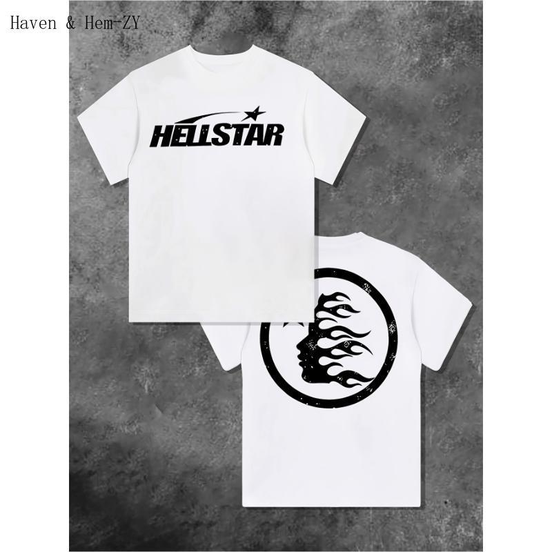 100%25 cotton double-sided printed Hell Star pattern T-shirt, high-quality printed T-shirt, men's round neck short-sleeved top, casual T-shirt spring and summer clothing