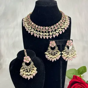 Desi Bollywood Gold Tone Polki Necklace With Earrings And Tikka Set for Festive Wear