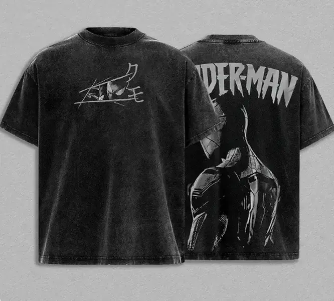Dark Spidey Man Vintage Washed Graphic T-Shirt, Black White Oversized Heavyweight Cotton Spider Hero Tee, Double Sided Retro Comic Streetwear Shirt, Y2K Grunge Web Slinger Aesthetic, Premium Unisex Graphic Apparel, Collector Fan Gift Merch