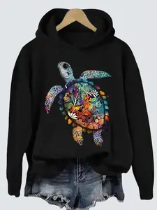 Turtle Print Hoodie Casual Hooded Sweatshirt for Winter and Fall Women's 100% Polyester Smooth Touch with Functional Front Pocket