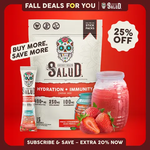Salud 2-in-1 [Hydration + Immunity - Fresa | Strawberry ] Electrolytes Powder, Agua Fresca Drink Mix, Elderberry, Dairy & Soy Free, Non-GMO, Gluten Free, Vegan, Low Calorie, 1g Sugar (15 Servings)