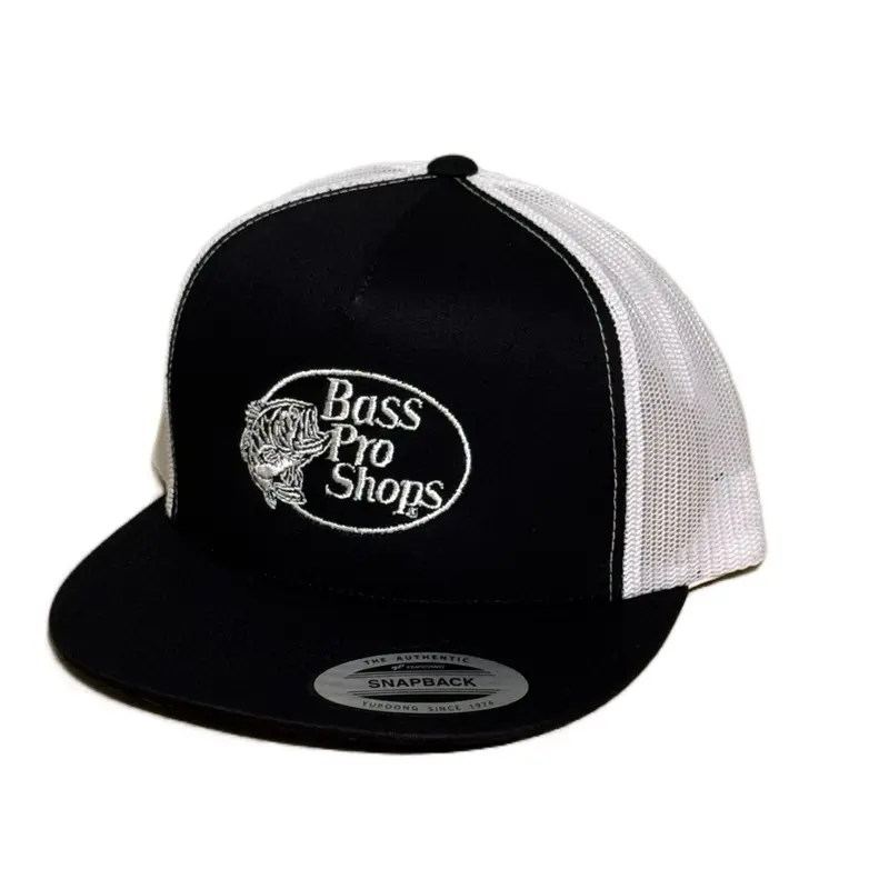 Men's Bass Embroidered Logo Flat Bill Trucker Hat - Adjustable Snapback Cap with Breathable Cotton Mesh Back, Casual Wear for Sports & Outdoor Activities, All Seasons