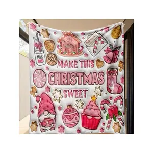 Adorable Pink Christmas Sweet-Themed Blanket with Festive Gingerbread House, Cupcake & Gnome Designs