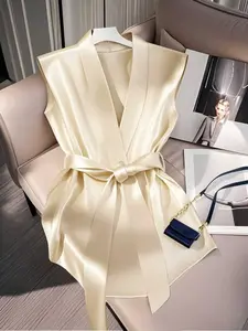 Fashionable Women's Knit Satin Smooth Silky Stretch Fitted Vest Tops with Button and Tie Design, Elegant Style for Outings and Vacations, Womenswear Knitted