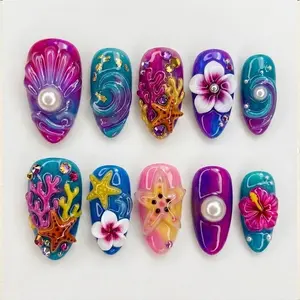 Ocean Coral Press On Nails Starfish 3D Nails Mermaid Pearl Summer Nails Beach