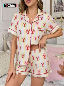 2-Piece Women's Full Body Lemon Yellow & White Stripe Boston Lobster Print Short Sleeve Short Pants Soft Comfortable Fabric Top with Small Pocket, Turn-Down Collar Design, Elastic Waistband, Home Daily Casual Women's Sleepwear Set, Pajama Set