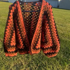 Crochet Large Hexi Cardigan - Vibrant Orange & Brown Handcrafted Knitwear for Women