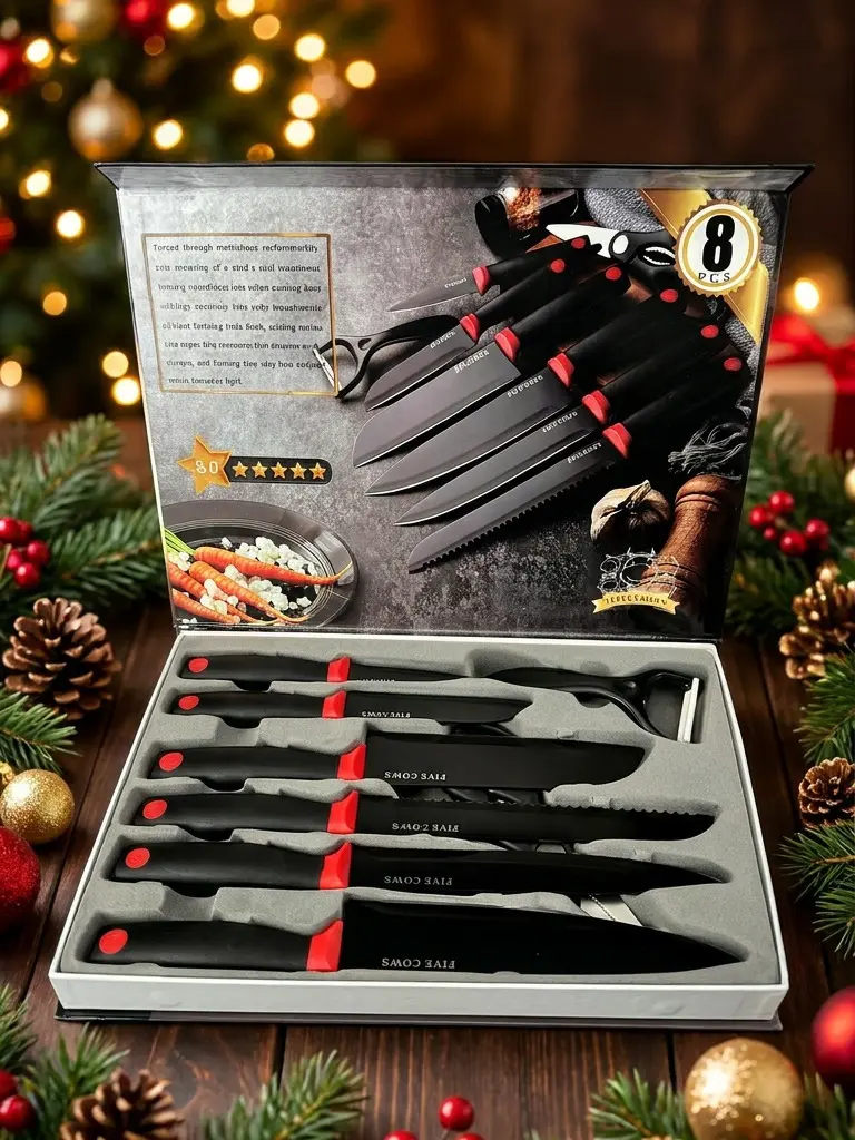 FIVE COWS 8-Piece Kitchen Knife Set with Non-Stick Blades & Ergonomic Red Handle, Chef Knife Set with Gift Box for Home Cooking