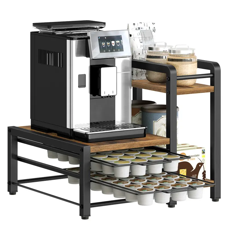 YATINEY Retro Elegance Metal 3-in-1 Organizer - 2-Tier Sliding Drawer, Creamer Shelf, Sturdy Coffee Maker Stand, 56-Pod Capacity, Adjustable Feet, Effortless Assembly, Coffee Maker Compatible