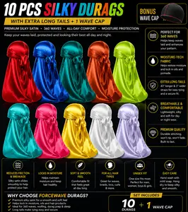 10-Pack Silky Satin Durags for 360 Waves (Random Color Bundle)