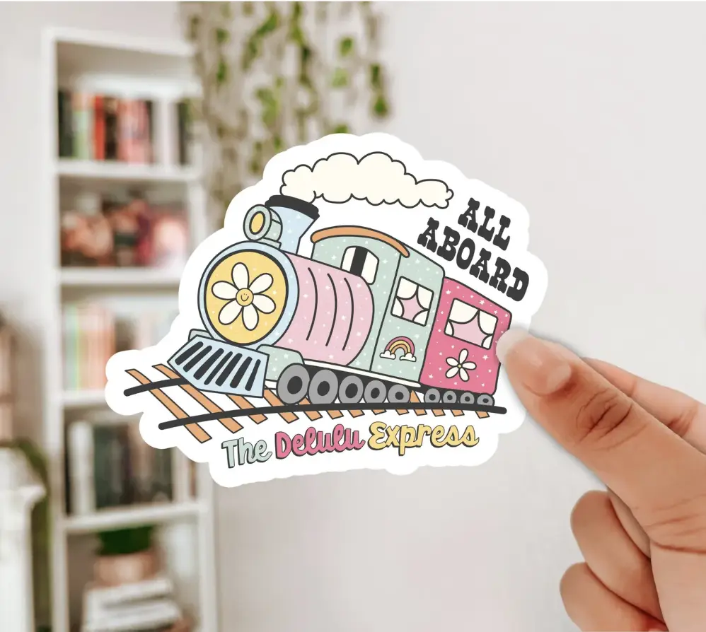 All Aboard The Delulu Express Sticker – Bold Retro Decal for Embracing Quirky Vibes, Perfect for Laptops, Journals & More
