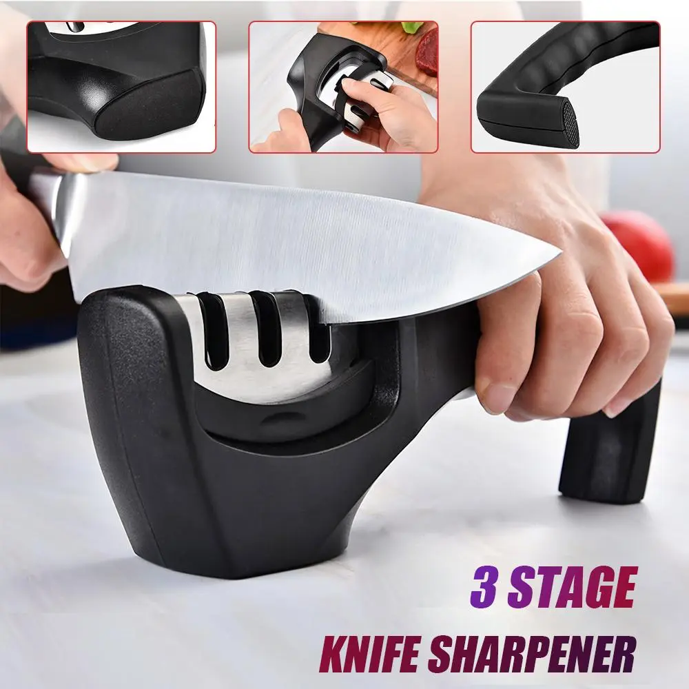 3-Stage Knife Sharpener Kit, Professional Manual Kitchen Sharpener with Tungsten Steel, Diamond & Ceramic Slots, Non-Slip Base & Ergonomic Handle, Multipurpose Tool for Chef Knives, Scissors, Cleavers & Hunting Knives