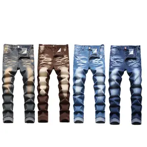 JUNBAOSS Men's Slim Fit Stretch Jeans Beige Dark Coffee Distressed Straight Leg Casual Fashion Comfort Flex Waist Denim Classic Street Style Cotton Fabric Jean with Pockets Zipper