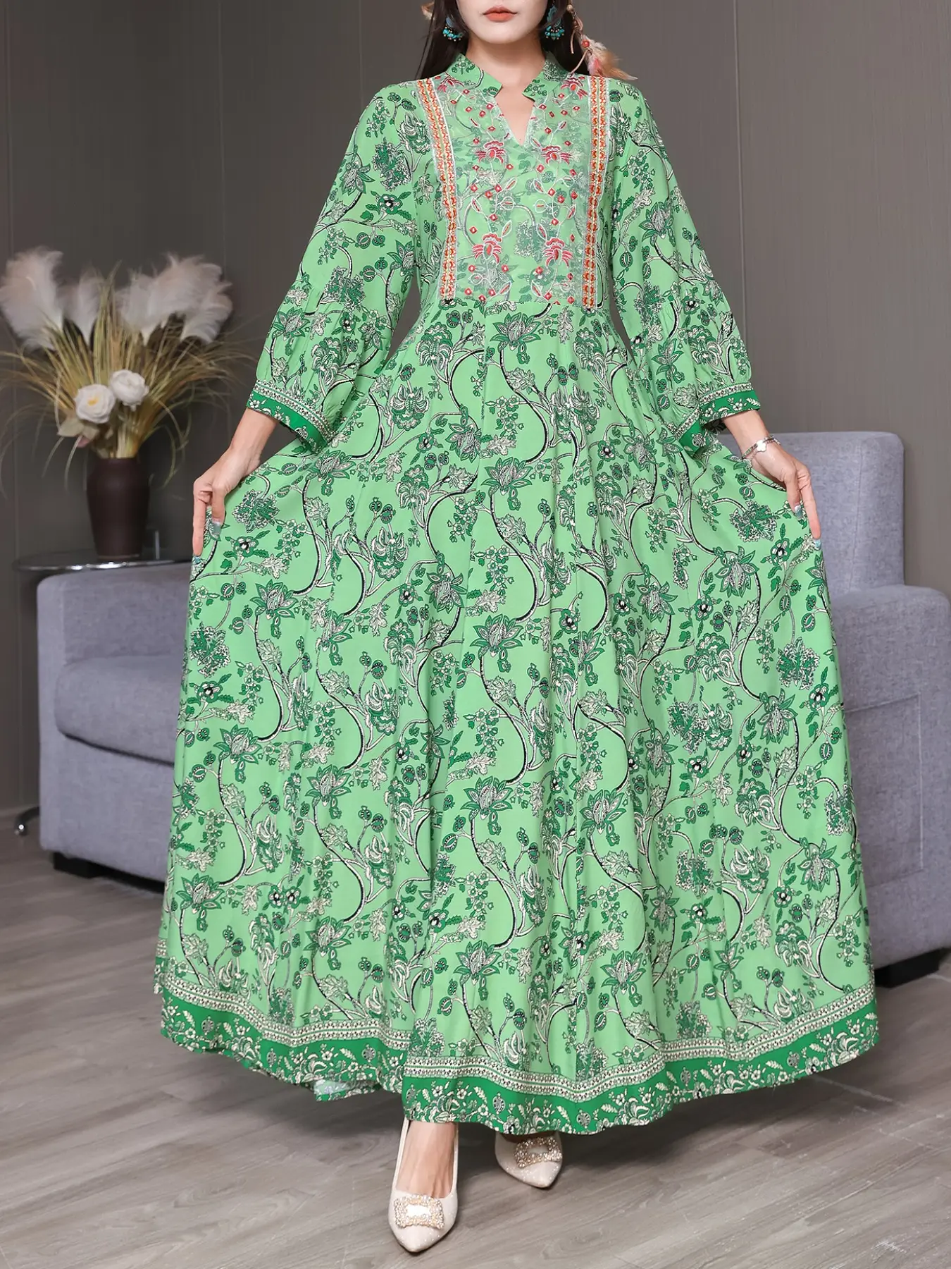 Middle East Bohemian Style Dress Ethnic Embroidery Swing Long Skirt Retro Casual Vacation Beach Dress, Casual Wear