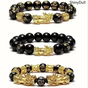 3-Pack Feng Shui Lucky Charm Bracelets - Pixiu Black Beads for Men & Women