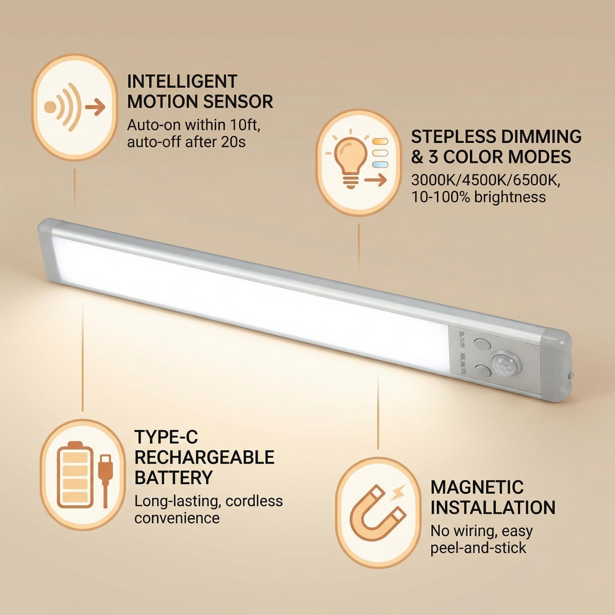 Motion Sensor Under Cabinet Light Rechargeable Wireless LED Closet Light Long Battery Life Stick On Night Lights for Kitchen Wardrobe Stair Hallway Bedroom 3000K Warm White No Flicker No Glare