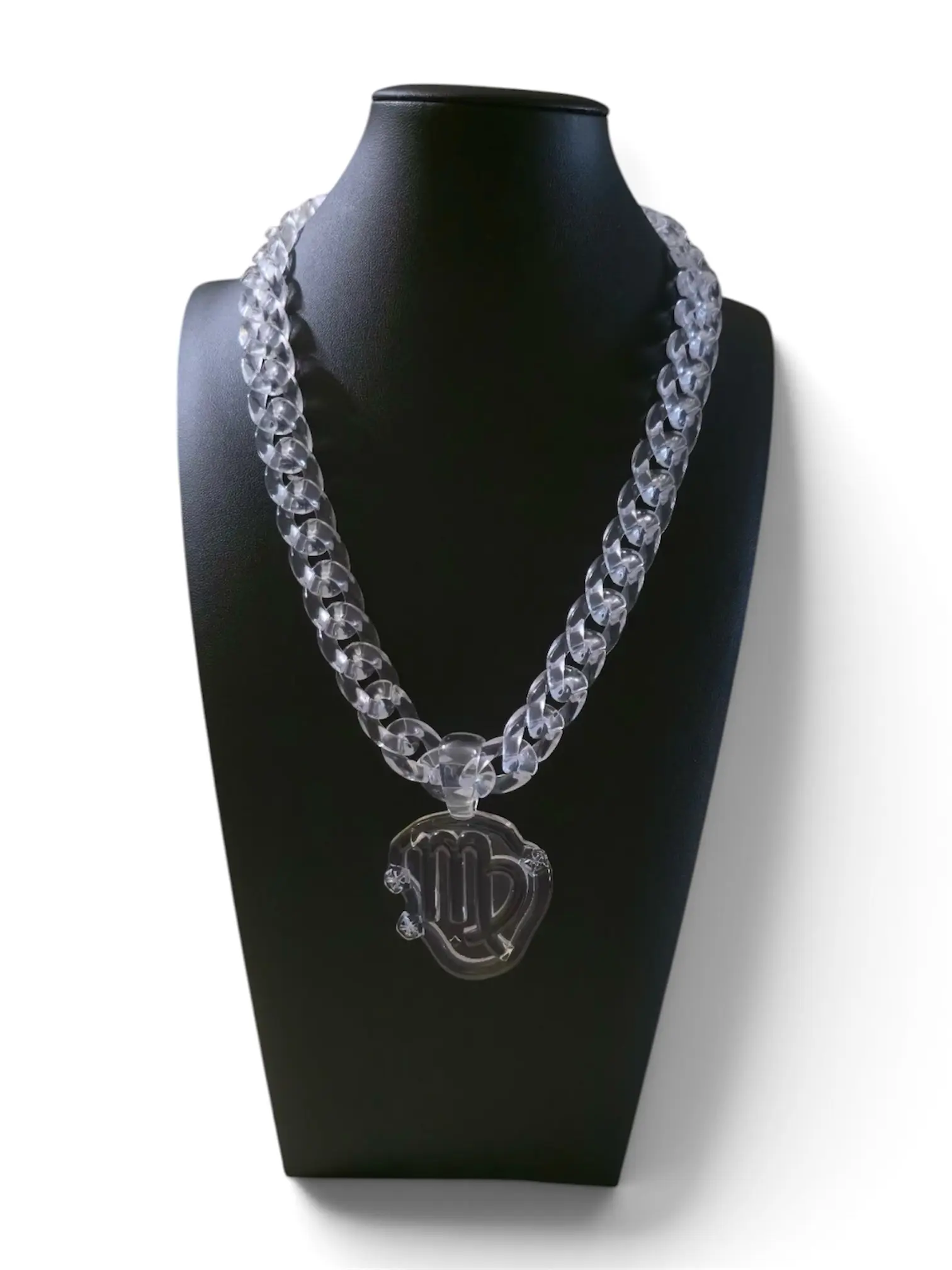 Clear Resin Acrylic Zodiac Necklace with Chunky Cuban-Link Chain 50mm Pendant 53cm Length Unisex Statement Jewelry for All 12 Astrology Signs