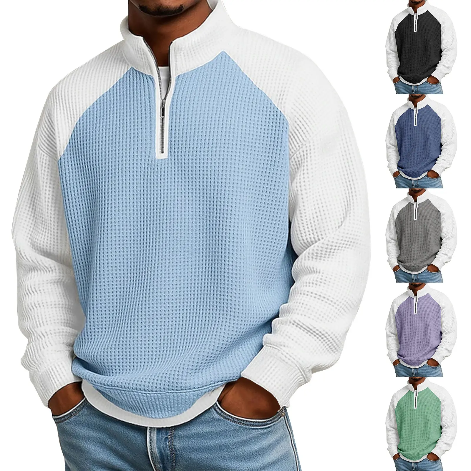 Men's Casual Classic Slim-Fit Waffle-Knit Color-Block Half-Zip Stand-Collar Raglan-Sleeve Drop-Shoulder Breathable Vintage American Pullover Sweatshirt