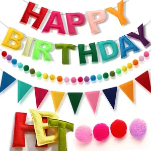 Pre-Strung Happy Birthday Banner, Felt Ball Garland Happy Birthday Garland, Rainbow Decorations Decor Party Pennant, Multicolor Bunting String Triangle Flags Bulk Rainbow Bunting