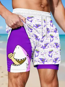 Men's Dual-Layer Cartoon Shark Print Beach Shorts, Quick-Dry Drawstring Waist, Summer Beach/gym Two-In-One Casual Swim Trunks, Swimwear Shorts, Summer Swim Bottoms