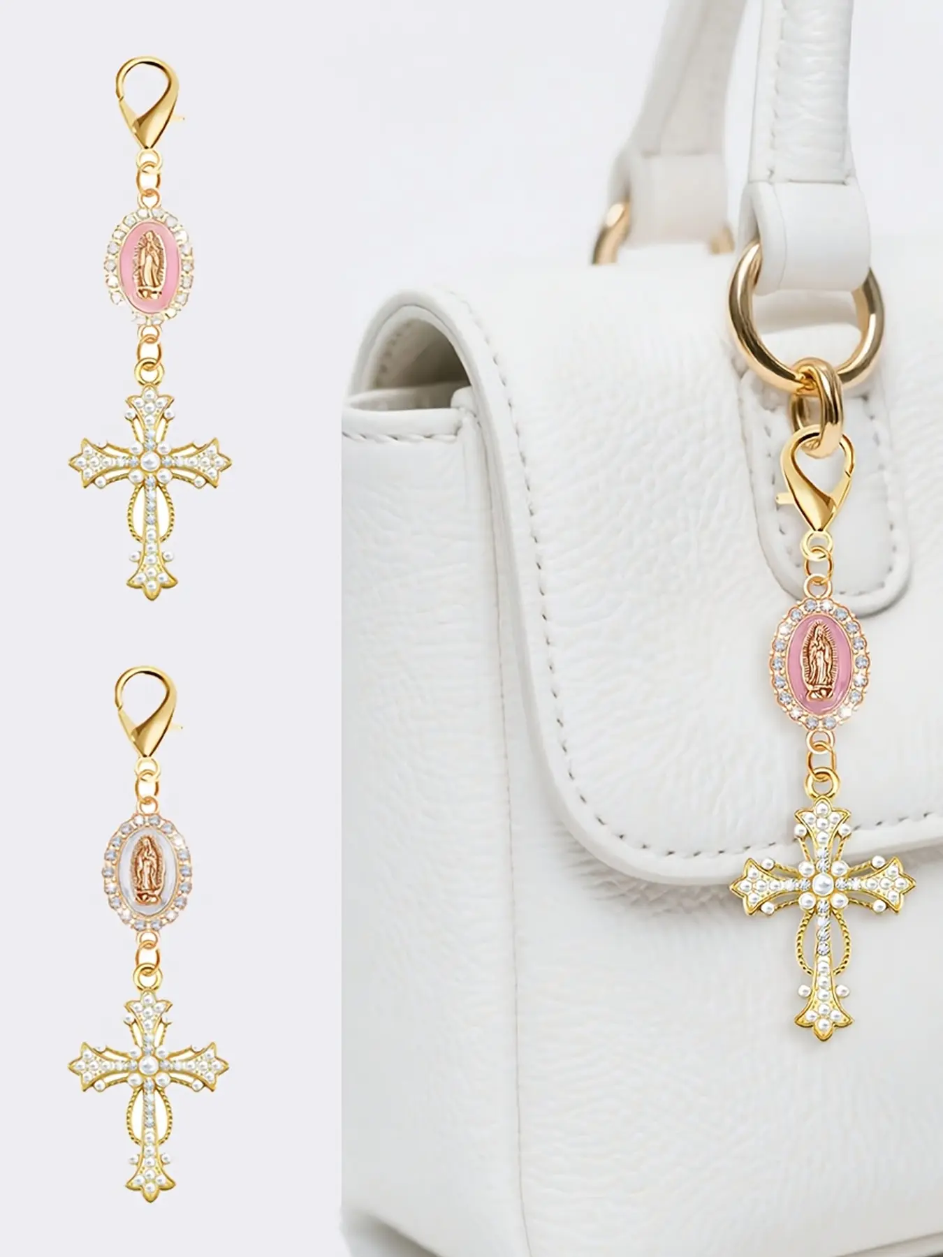 Hollow Cross Keychain, Fashionable Alloy Keychain, Stylish Keyring, With Inlaid Crystals, Pearls, Purse Charms, For Handbags, Backpacks, Car Keys Accessories, Daily Carry, Keychain Accessory, Gift For Christmas, Valentine'S Day, New Year'S Day