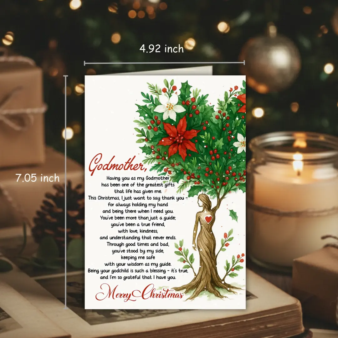Godmother  Card, Thoughtful Merry  Card Tree for Godmother with Envelope, Heartfelt Holiday Greeting Cards with Festive Design, gift Cards for Christmas