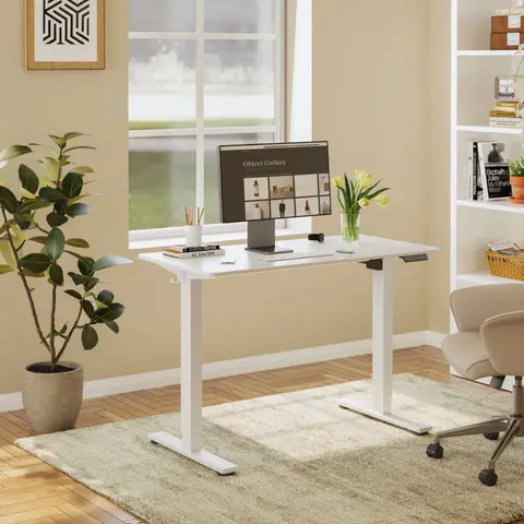 FLEXISPOT EN1 Electric Adjustable Height Standing Rectangle Gaming Desk - 48x24in Solid White Eco-Friendly Ergonomic Auto-Adjust Workbench, 5-Year Frame Warranty, 176lbs Capacity, Dual Monitor Setup, Desk Setups for Home Office Bedroom