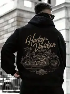 Vintage Motorcycle Theme Hoodie, Brand Logo, Classic Car Design, Fitted Casual Style, Long Sleeve, Fall & Winter Wear