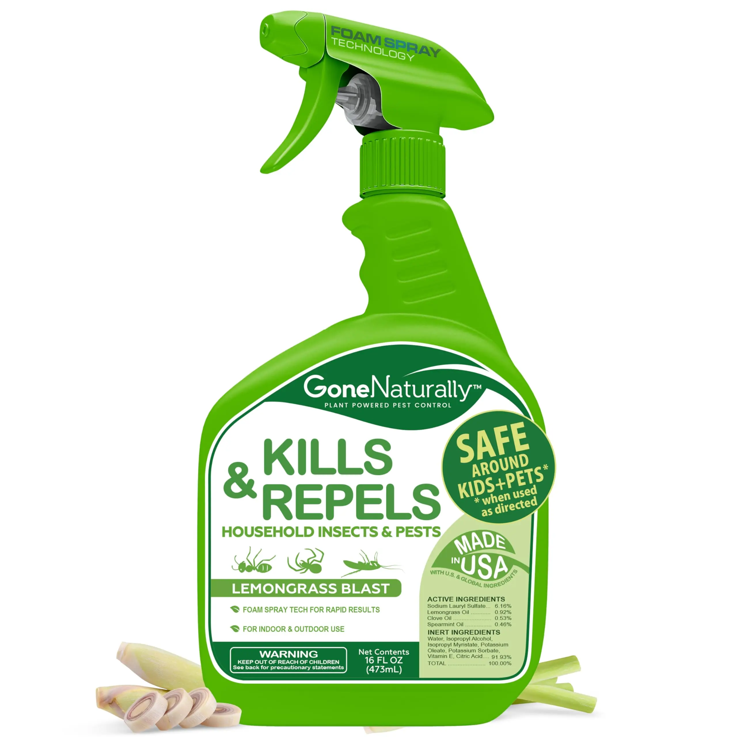 GoneNaturally Pest Control & Bug Spray for Home – Kills & Repels Ants, Roaches, Spiders, Flies, Mosquitoes, Silverfish & More – Safe for Kids & Pets – Indoor & Outdoor Use (Lemongrass Scent, 16oz)