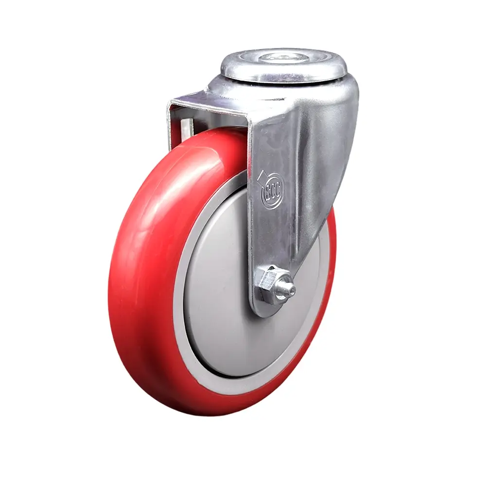 Service Caster SCC-SSBH20S514-PPUB-RED Metal Ball Castors, Swivel Bolt Hole Stainless Steel Attachment, 5x1.25 in Red Polyurethane Wheel, Ball Bearings, 350 lbs Capacity for Material Handling Carts, Casters