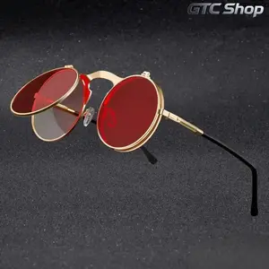 Vintage Steampunk Flip Up Sunglasses for Men & Women, Retro Round Metal Frame Circle Lens Shades, Designer Classic UV400 Protection Eyewear, Lightweight Trendy Style for Streetwear Party Daily Wear