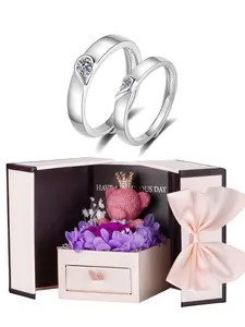 Couple Rings, Fashion Love Couple Bands with Crown Bear Preserved Flower Box, Heart Matching Ring, Valentine Birthday Anniversary Gift