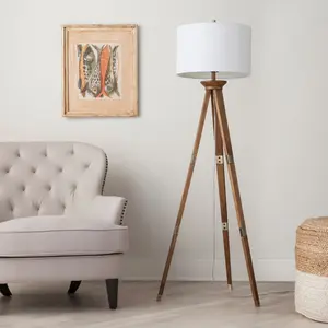 Oak Wood Tripod Floor Lamp Brass  - Threshold