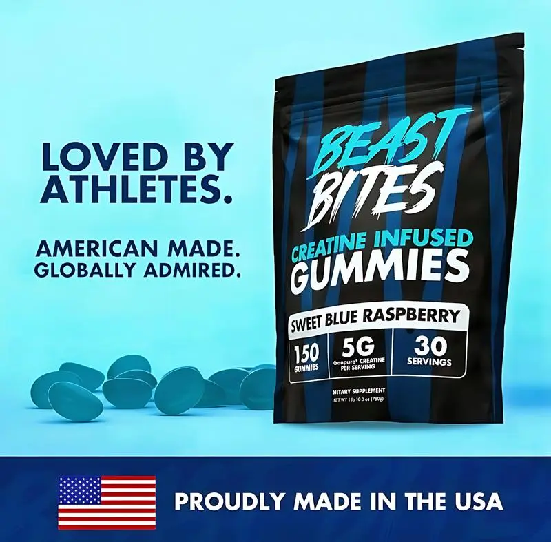 Beast Bites Creatine Infused Gummies with Creapure NSF Certified 5g Monohydrate per Serving Sweet Blue Raspberry Flavor Non-GMO Gluten Free Vegan