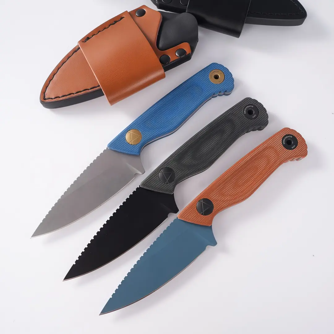 The 203 EDC fixed-blade knife features a compact design and a textured non-slip handle that blends a stylish aesthetic with practical outdoor functionality.