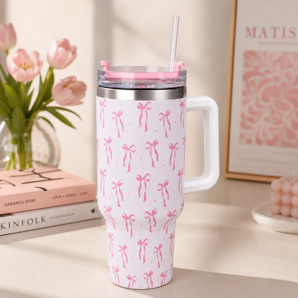 40oz Pink Bow Tumbler with Handle, Coquette Stainless Steel Travel Mug, Insulated Hot & Cold Cup with Lid & Straw, Gift for Her