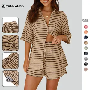 Tankaneo Womens Striped 2 Piece Sets Short Sleeve Button Down Shirt and Shorts Waffle Knit Pajama Lounge Set Summer Outfits