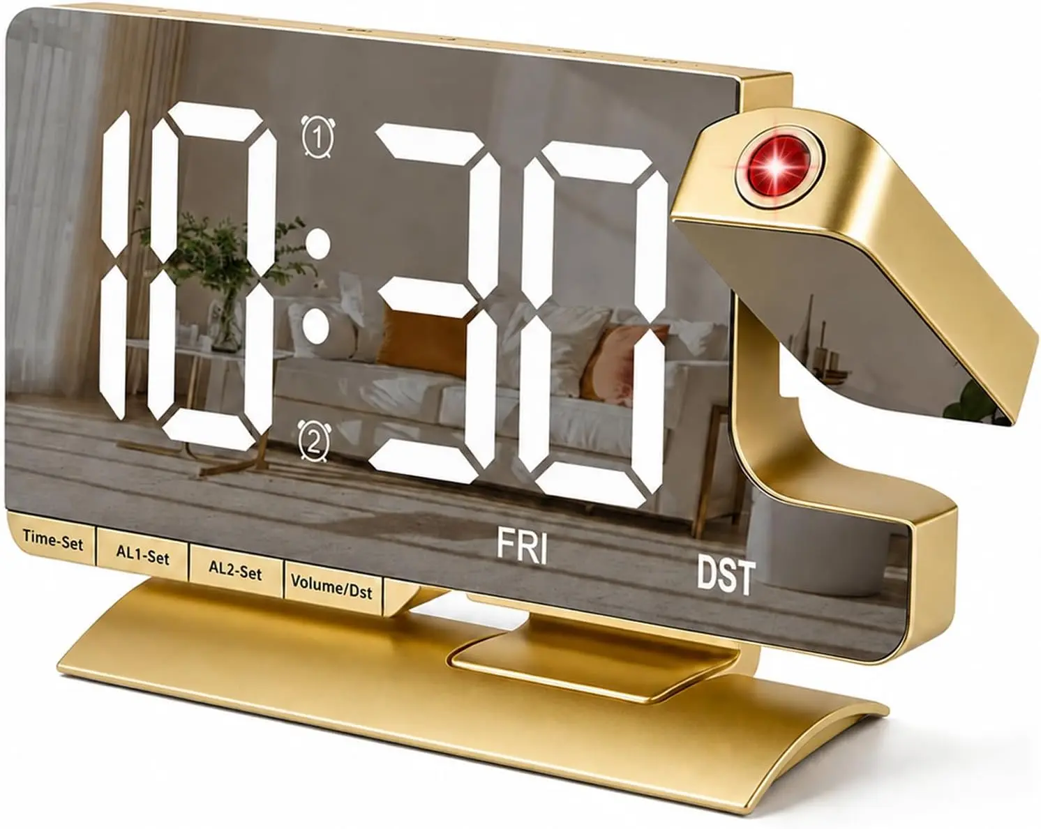 Projection Alarm Clock for Bedroom Ceiling, Gold Digital Clock | Loud Alarm,Adjustable Brightness,7.3 inch Mirror Clock,Large LED Display, Charger Snooze DST Date 2 Alarms