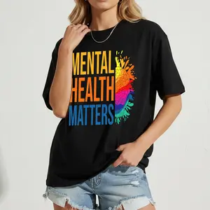 Mental Health Women's Vintage Style T-Shirt, Short Sleeve Round Neck Casual Top, Suitable for Autumn, Summer and Spring, Daily Wear, Women's Clothing