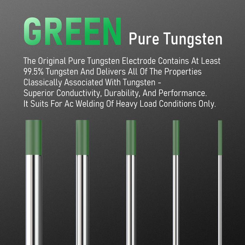 YESWELDER TIG Welding Tungsten Electrode - Pure Tungsten .040" 1/8" 1/16" 3/32" x 7" (Green, EWP) 10-pk