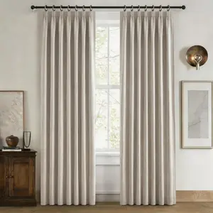 2pcs Pinch Pleated 100% Cotton-Linen Blackout Curtains, Double-Layer Sun Protection, Free Clip Rings & Hooks Included, Ideal for Living Room, Bedroom