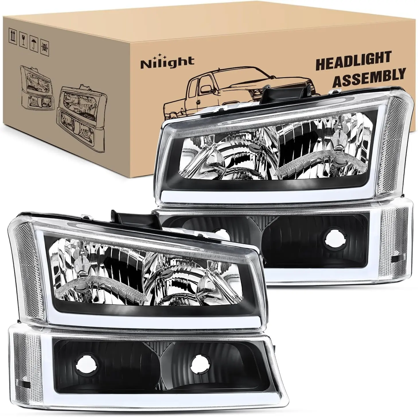 Nilight LED DRL Headlight Assembly - Waterproof UV-Resistant Truck Headlights, Clearer Road Marks, Safer Night Vision, Black Housing, 2-Year Warranty, Fit 2003-2006 Chevy Silverado Avalanche 1500/2500/3500, 2007 Silverado Classic, Car Headlights
