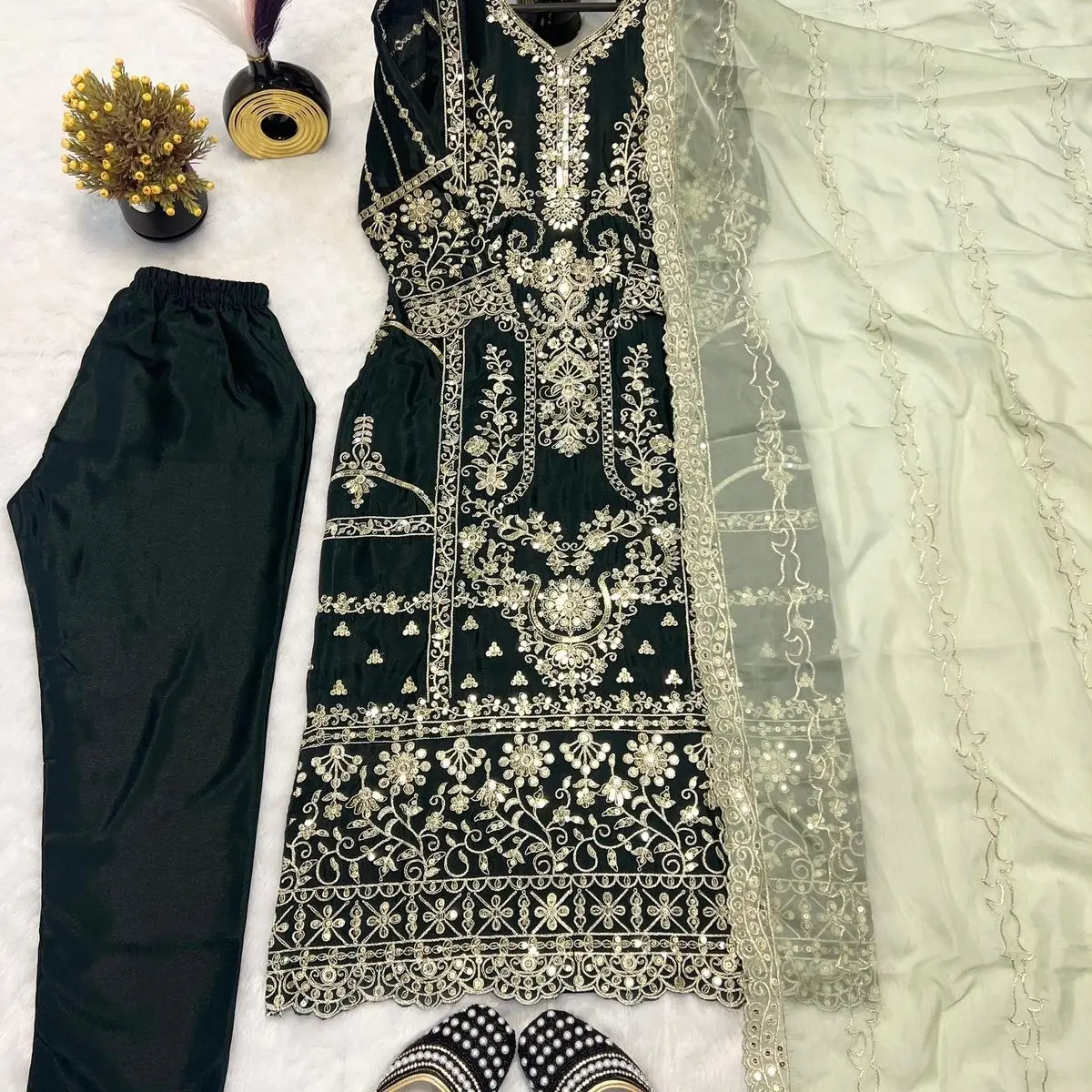 Heavy Embroidery Sequence Work Chiffon Silk Suit with Pant and Dupatta Perfect for Party wear Womenswear Clothes Organza Fabric