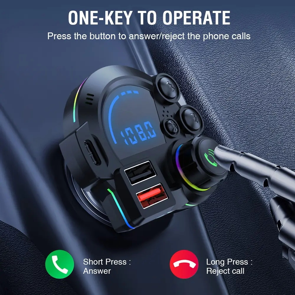 2026 New Type-C Car Charger, Wireless MP3 Player with Dual USB Ports, Bluetooth 5.3 FM Transmitter,Bass Sound Enhancer, RGB Glowing Radio Adapter, Hands-Free Calls, Car Accessories & Road Trip Essentials, Compatible with 12V-24V