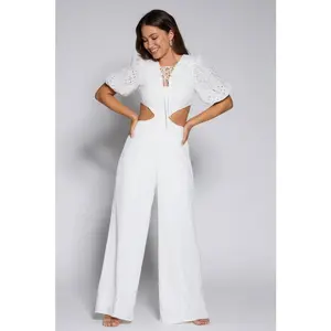 LUNA LUXE EMBROIDERED WHIRE PUFF SLEEVE V-NECK CUT OUT WIDE LEG JUMPSUIT