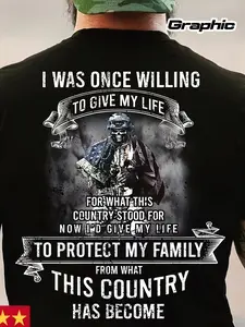 Men'S Patriotic Soldier Graphic T-Shirt| Heavy Duty Military Apparel, Ideal for Veterans Day, 4th of July, Street Hip Hop, Casual Street Style, Short Sleeve Crew Neck, Y2K Style, Unisex, Heat Transfer Print, Pure