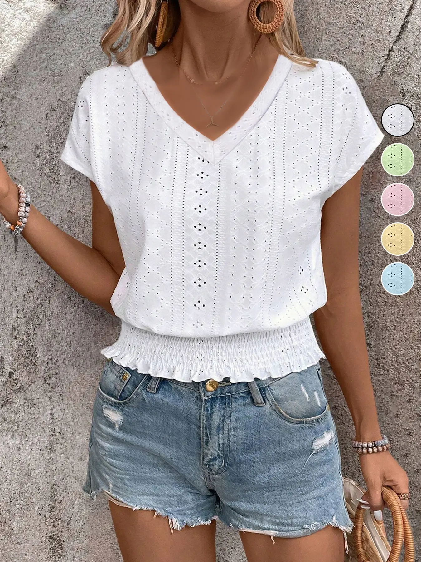 Women's Casual Lace Trim Eyelet Short Sleeve Top, Summer Lightweight Loose Fit Blouse, Comfortable and Stylish, Perfect for Daily Wear